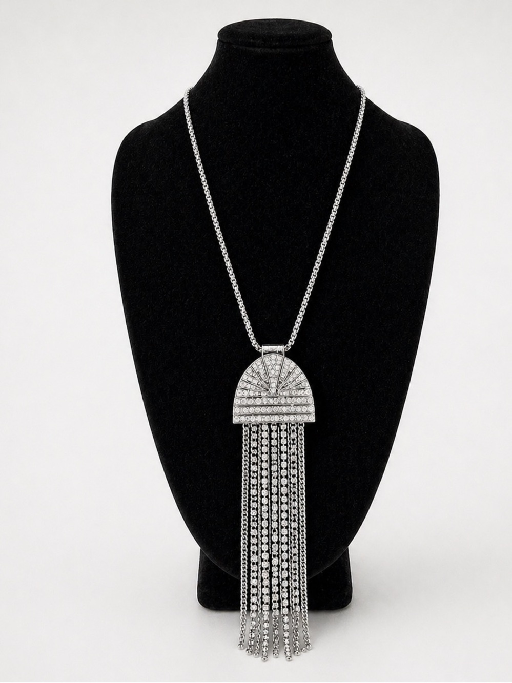 Chicos Silver Statement Necklace Art‎ Deco Fringe Pendant Boho Glam Chain